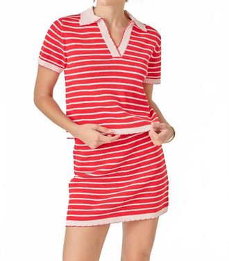 English Factory Stripe Polo Scalloped Hem Sweater In Red