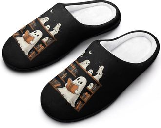 Generic Cute Ghost Bookshelf Moon Mens Slippers Slip On Comfortable Fleece Cotton House Shoes Winter