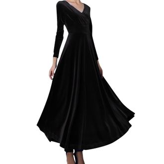 Generic Womens Long Sleeve Evening Dress, Maxi V-Neck Velvet Party Dress, A-Line Cocktail Dress, Elegant Sexy Dress, High Waist Bodycon Ball Dresses for Autum