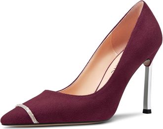 Castamere Womens Stiletto High Heel Pointed Toe Slip-on Rhinestone Crystal Pumps Court Shoe Wedding Office Sexy 10 CM Heels Burgundy Red 4 UK