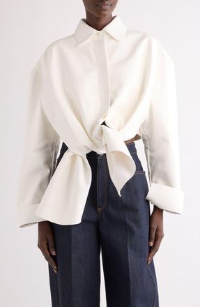 Givenchy Tie Front Leather Button-Up Shirt in 100-White at Nordstrom, Size 6 Us