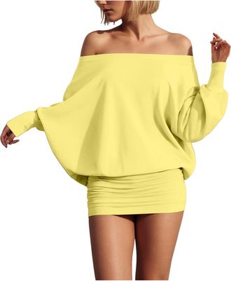 Generic Womens Sexy Bodycon Mini Dress Sexy Solid Colour Off The Shoulder Pleated Bodycon Sheath Dress (Yellow, XL)