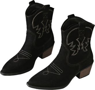 Generic Womens Embroidered Cowboy Boots - Fashionable Mid-Calf Cowboy Boots with Chunky Heel and Pointed Toe - Suede Leather for Outings, Work, Parties, and M