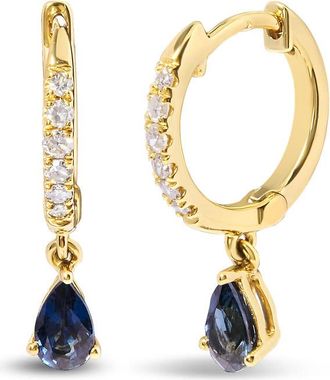 House of Brilliance 10K Yellow Gold Pear Blue Sapphire and 1/10 Cttw Diamond Drop and Dangle Huggy Hoop Earrings (H-I Color, I1-I2 Clarity)