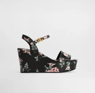 Dolce & Gabbana Calfskin Wedge Sandals With Rose Print - Woman Sandals And Wedges Multicolor 36.5