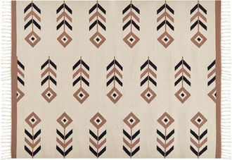 Beliani Alfombra Kilim De Algod&oacute;n Beige Negro 140 X 200 Cm Reversible Dormitorio Niavan