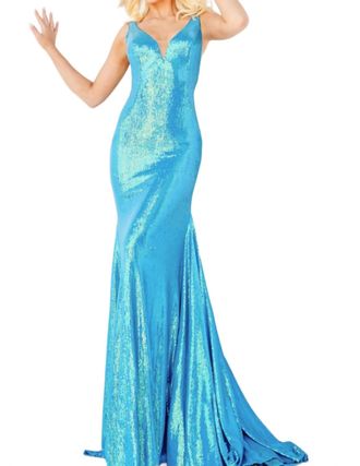 Jovani Sheer Sides Sequin Dress In Iridescent Royal
