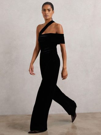 Reiss Black Petite Velvet One-shoulder Wide-leg Jumpsuit, 10