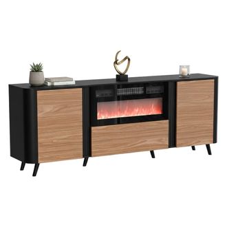 Dmora Aparador Briano, Aparador De Sal&oacute;n Con Dos Puertas Batientes, Puerta Abatible Y Chimenea El&eacute;ctrica, Elevado Del Suelo, 191x40 H69 Cm, Negro Y Nogal