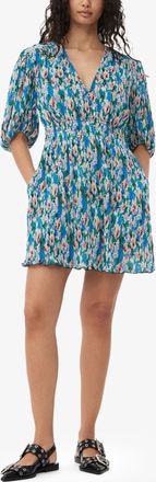 Ganni Pleated Georgette V-neck Mini Dress - Size 44 Blue