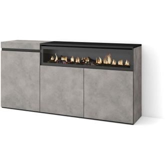 Skraut Home Credenza, Mobile, Cucina, Madia, mobile ingresso, 150x75x35cm, 3 Porte, Camino elettrico, Stile moderno, Grigio Cemento - Skraut Home