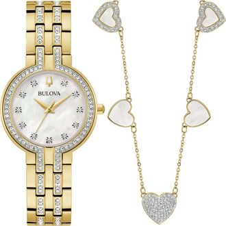 Bulova Crystal Collection Bracelet Watch & Station Necklace Set, 30mm in Gold at Nordstrom Rack