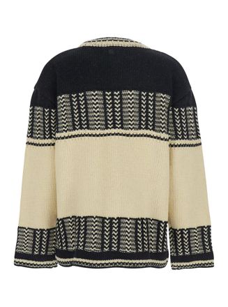 Low Classic Womens Crew Neck Sweater With All-Over Intarsia White-Black Wool Tops White/black Top