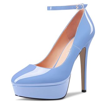 Castamere Women Stiletto High Platform Heel Round Toe Ankle Strap Pumps Court Shoe Slip-on Wedding Party Dress 13 CM Heels Light Blue 4 UK