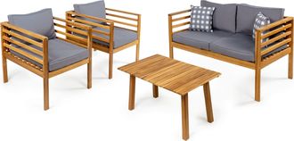 Jonathan Y Designs Thom 4-Piece Mid-Century Modern Acacia Wood Outdoor Patio Set with Cushions and Plaid Decorative Pillows, Beige/Teak Brown