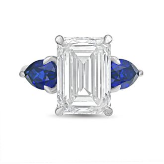 Diana M. Jewels Platinum lab grown 8ct emerald diamond ring with sapphire pears on the sides