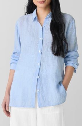 Eileen Fisher Crinkled Organic Linen Button-Up Shirt in Ultramarine at Nordstrom Rack, Size X-Large