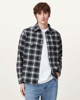 AllSaints Mens Cotton Hamura Checked Relaxed Fit Shirt, Size: XXL