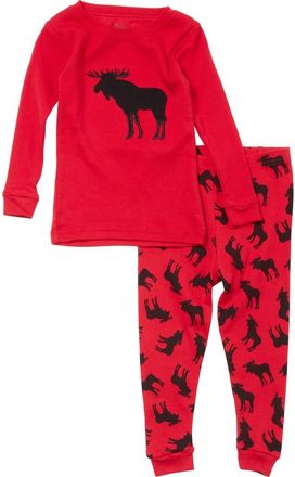 Leveret Moose Long Sleeve Top & Pants Pajama Set in Red at Nordstrom, Size 12-18M