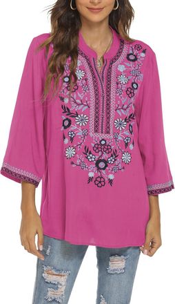 JD Williams Womens Boho Embroidered Tops Mexican Peasant Style Bohemian 3/4 Sleeve Shirt Hippie Clothes Summer Tunic Blouses (Rose-372, 2XL)