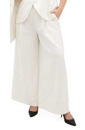 City Chic Belted Pinstripe Wide Leg Pants in Ivory Pinstripe at Nordstrom, Size Xxxs
