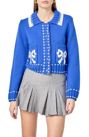 English Factory Bow Cardigan in Blue/White at Nordstrom, Size X-Small
