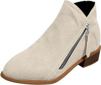 Generic Ankle Boots for Women UK Fashion Side Zip Elegant Short Boots Biker Booties Casual Leather Booties Business Office Work School Walking Shoes(F-Beige,1