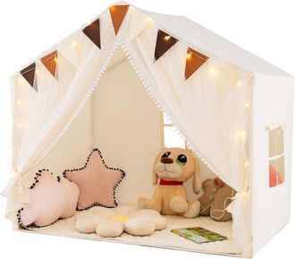 Costway Tenda da Gioco per Bambini, Tenda Castello per 3-4 Bambini con Tende in Tessuto e Rete Luci a Stella e Finestre, Materassino in Cotone, per
