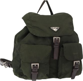 Prada Vela Double Front Pocket Backpack Tessuto With Saffiano Leather Khaki Nylon Backpack Bag (Pre-Owned)