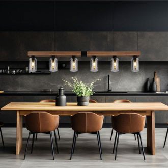 Globo Lighting Lampada a sospensione lampada a sospensione effetto legno lampada da tavolo da pranzo 6 fiamme soggiorno, vetro fum&eacute; metallo nero, 6x E27, LxH