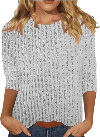 Generic Sequin Top for Women UK Sparkly Tunic Blouses Shiny 3/4 Sleeve Round Neck T Shirt Party Night Club Casual Loose Dressy Tee Ladies Elegant Shimmer Glit