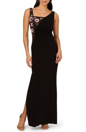 Adrianna Papell Beaded Jersey Evening Gown in Black Multi at Nordstrom, Size 14
