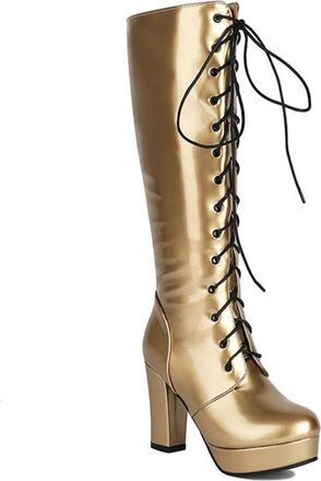 Generic Womens Patent PU Leather Knee High Riding Boots Lace Up Platform Block High Heel Fashion Goth Shoes with Zipper (7.5,Gold)