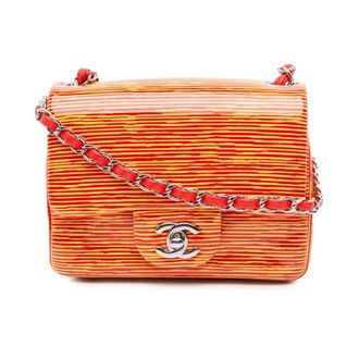 Chanel Pre-owned Mini Square Classic Patent Striped Single Flap Bag - Dames - Pre-owned - Oranje - Maat: ONE Size Leer