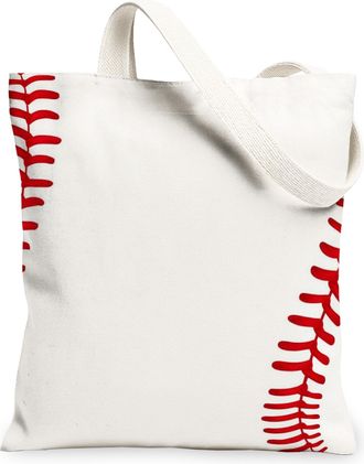 Generic Baseball Pattern Canvas Tote Bags, Sporty Lightweight Reusable Grocery Bags, Vintage Style Washable Shoulder Strap Canvas F, White, 13x15 Inch