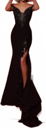 Johnathan Kayne Flirty Plunging Neckline Gown In Black