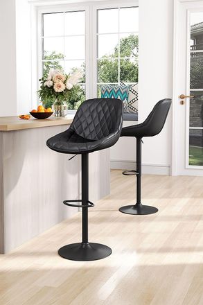 Living and Home 2Pcs Height Adjustable Swivel Bar Stools PU Leather Diamond Lattice Counter Pub Dining Room Footrest Seat in Black
