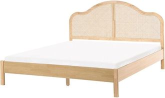 Beliani Bed Frame Light Brown Rubberwood EU Super King Size 6ft with High Rattan Headboard Boho Style HOUNOUX