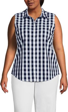 Lands End Plus Size No Iron Sleeveless Shirt in Deep Sea Gingham at Nordstrom, Size 2X