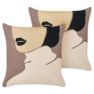 Beliani Conjunto De 2 Cojines De Algod&oacute;n Marr&oacute;n Negro Beige 45 X 45 Cm Cara Mujer Silphium