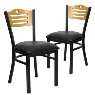 Flash Furniture 2 Pk. Black Slat Back Metal Chair - Natural Wood Back, Black Vinyl Seat