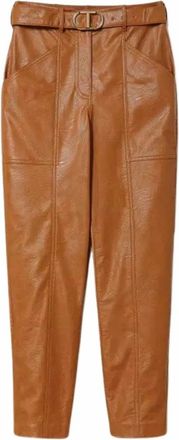 Twinset Bruine Leren Broek met Hoge Taille - Dames - Vrijetijds broeken - Bruin - L - Polyester - Broeken