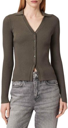 AllSaints Cruz Ribbed Cardigan in Forest Green at Nordstrom, Size X-Small