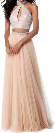 Sherri Hill Two-Piece Beaded Keyhole Prom Dress In Nude