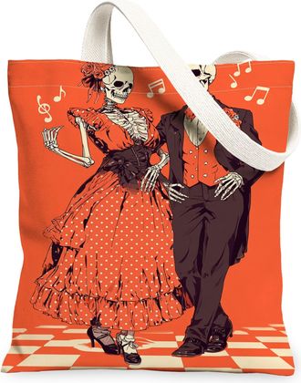 Generic Halloween Skeleton Canvas Tote Bags, Skull Design Reusable Grocery Bags, Autumn Retro Lightweight Washable for Travel Beach, Orange, 13x15 Inch