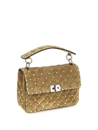Valentino Garavani Womens Top Handle Bag Rockstud Spike Havana Beige Suede Calf Leather Shoulder