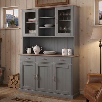 Dmora Buffet Avec 3 Portes Ferm&eacute;es, 2 Vitrines Et 3 Tiroirs, En Pin Massif Peint En Gris Avec Plateau Et Finitions Marron, 131x45x191 Cm - Dmora