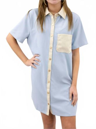 Entro Leather Detail Button Up Dress In Light Blue, Cream