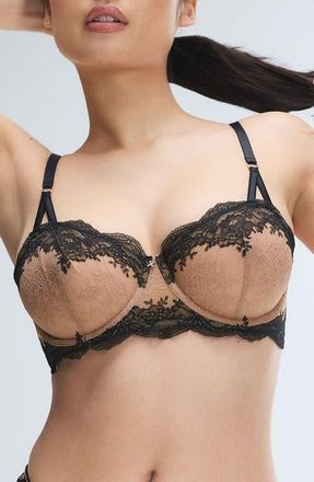 Savage x Fenty Lacestruck Unlined Balconette Bra in Tiramisu Tan/black Caviar at Nordstrom, Size 34Dd
