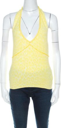 Blumarine Yellow Animal Patterned Jacquard Bead Embellished Backless Halter Top